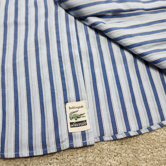 Vintage Lacoste Shirt Men 44 (XL) Vertical Striped Button Up Alligator Logo Blue - Picture 5 of 11